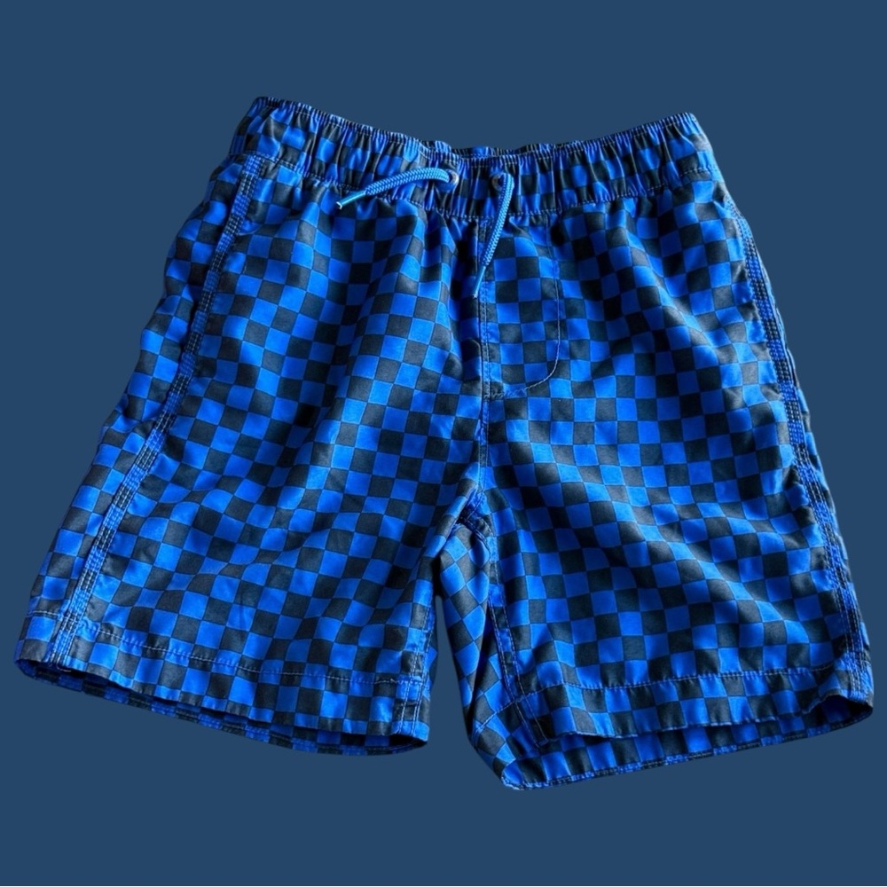 GAP Kids Blue and Black Plaid swimming trunks